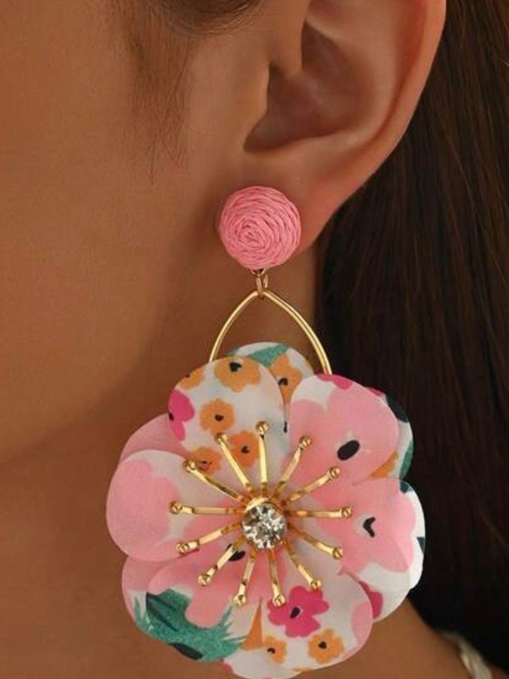 Floral Pink Statement Drop Earrings – Gold Accent